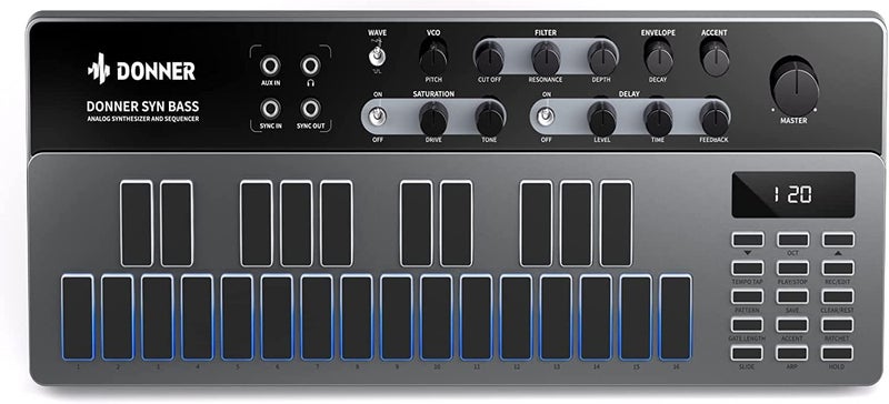 Donner Analog Bass Synthesizer and Sequencer, Essential B1 with Intuitive User Interface, 128 Patterns Memory, Saturation & Delay Effects, Make for Classic Acid Sound - Image 1